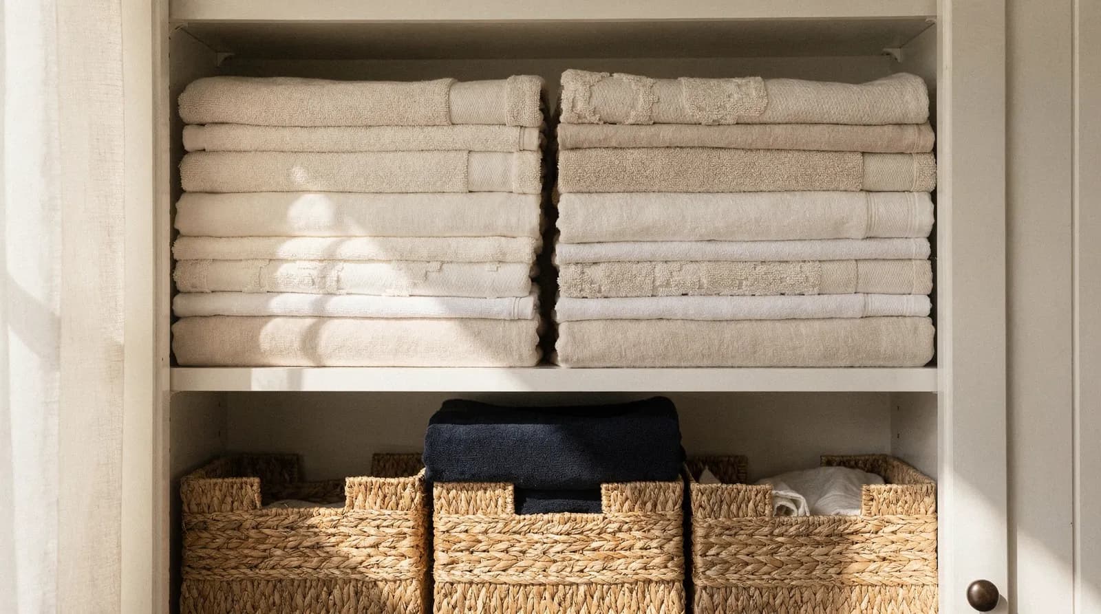 A linen closet with neatly folded towels and sheets and woven baskets